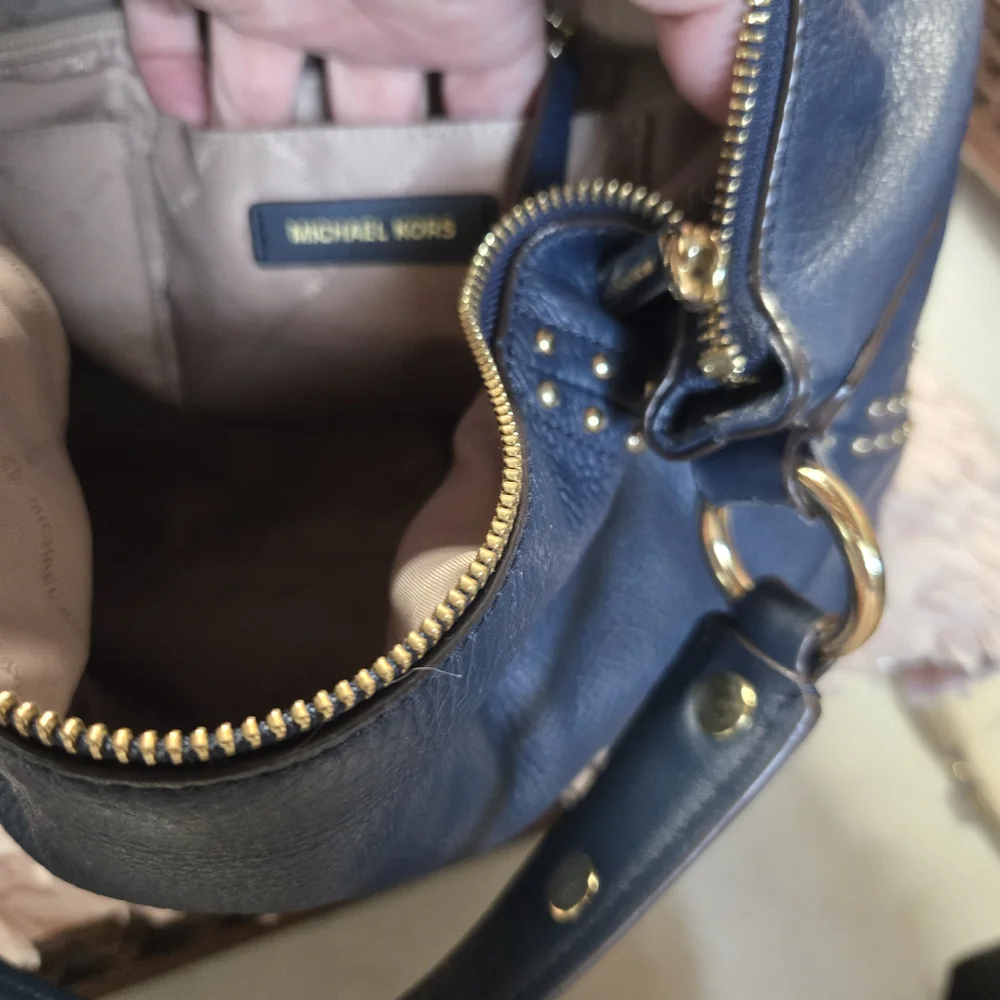 Michael Kors Navy Blue Leather Studded Shoulder Bag with Gold Hardware